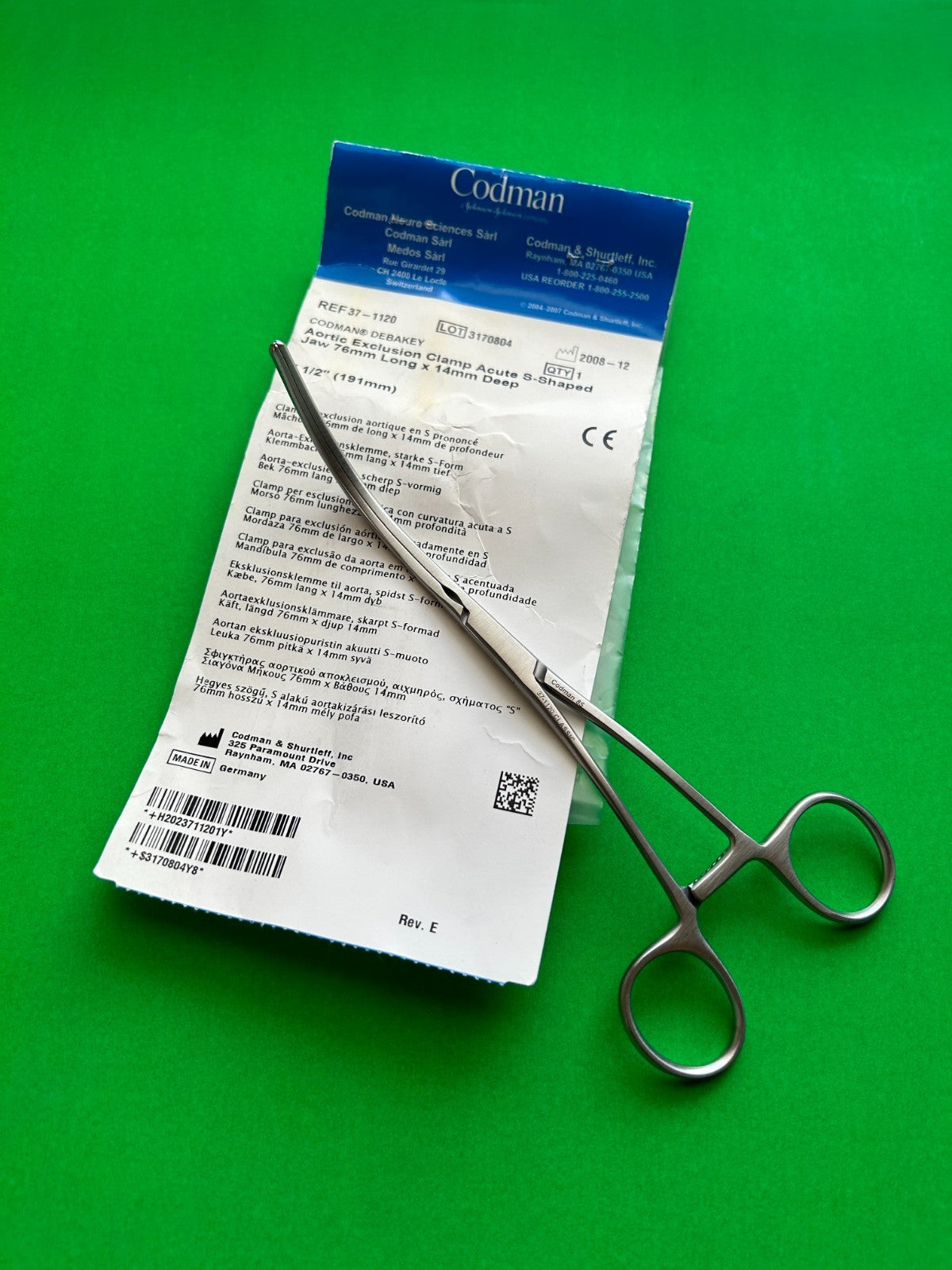 Codman 37-1120 DEBAKEY Aortic Exclusion Clamp S-Shaped Jaw 76mm x 14mm