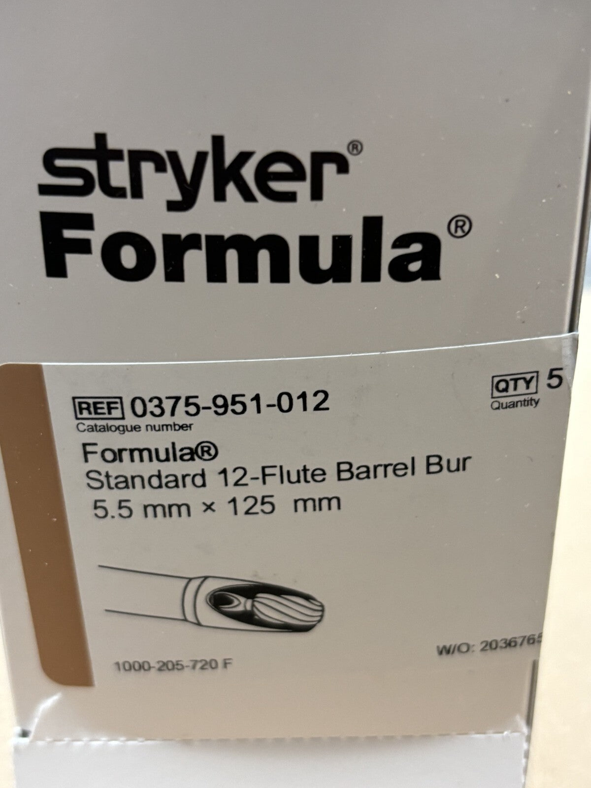 Box Of 5 Stryker Formula Standard 12-Flute Barrel Bur (5.5mm x 125mm)