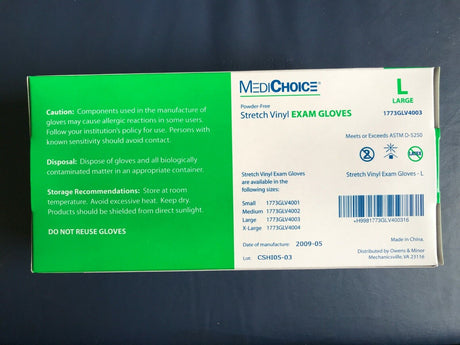 Box of 100 ~ LARGE Stretch Vinyl EXAM GLOVES Powder-Free LATEX-Free MEDI CHOICE