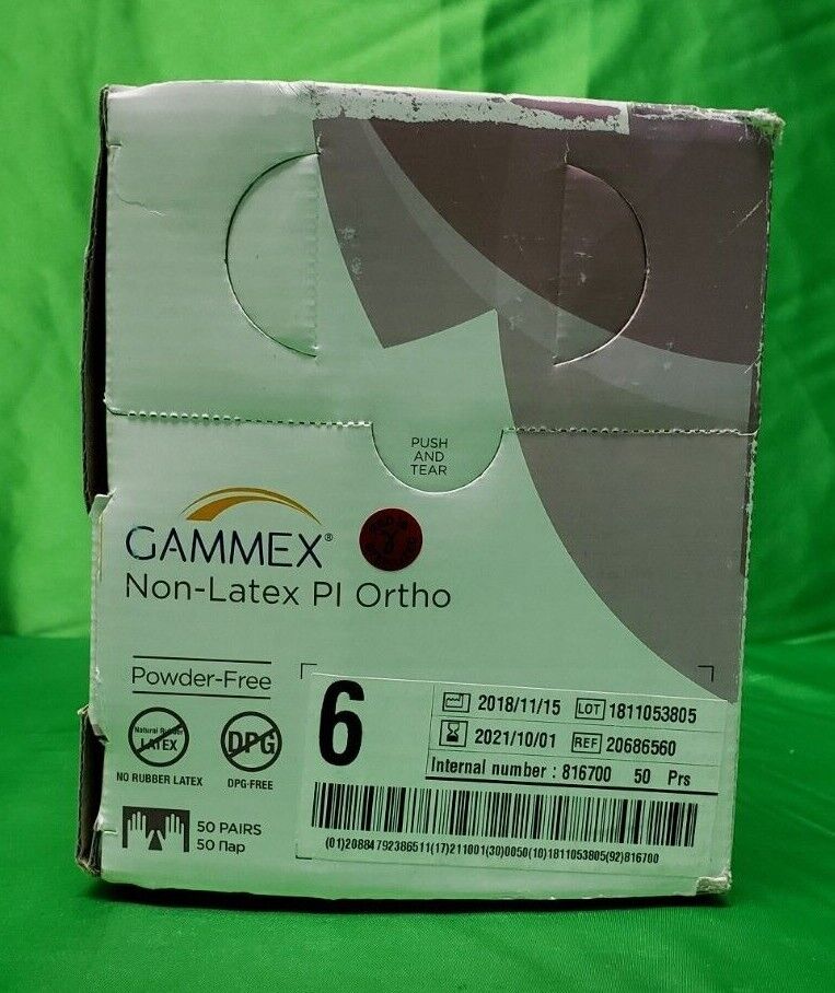 50-Pairs Ansell GAMMEX Non LATEX Pl Surgical Gloves Size 6 Powder Free