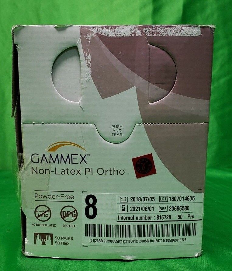 50-Pairs Ansell GAMMEX Non LATEX Pl Surgical Gloves Size 8 Powder Free